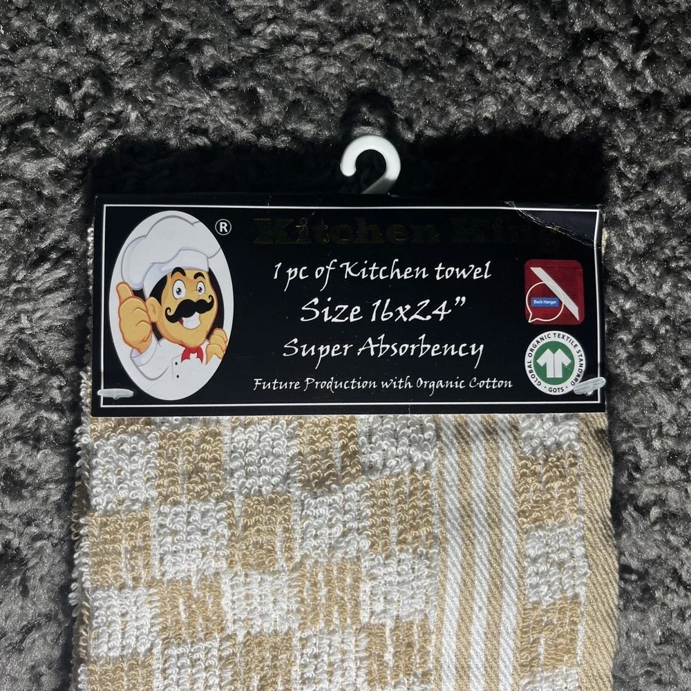 Kitchen King‎ Kitchen Towel Organic Cotton 16x 24 Tan White Checkered Hang Strap